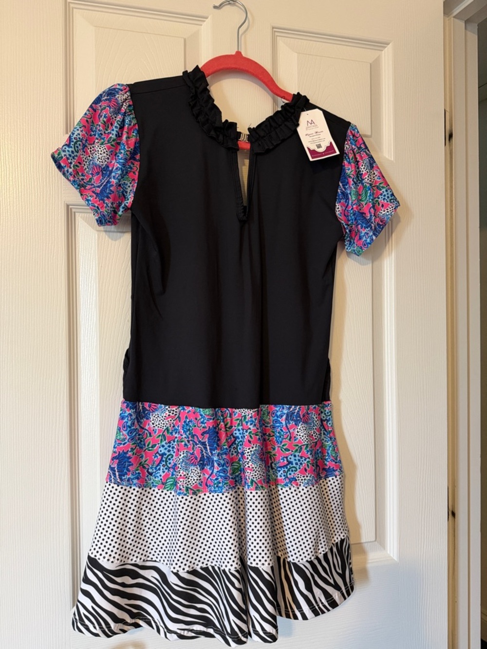 Adult UV50+ Black Athletic Dress with Pink & Blue Floral and Zebra Trim